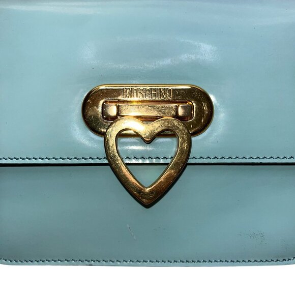Moschino Women’s Light Blue Leather Gold Logo Hardware Structured Clutch Handbag - Picture 11 of 16